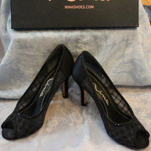 Black lace Nina peep toe heels